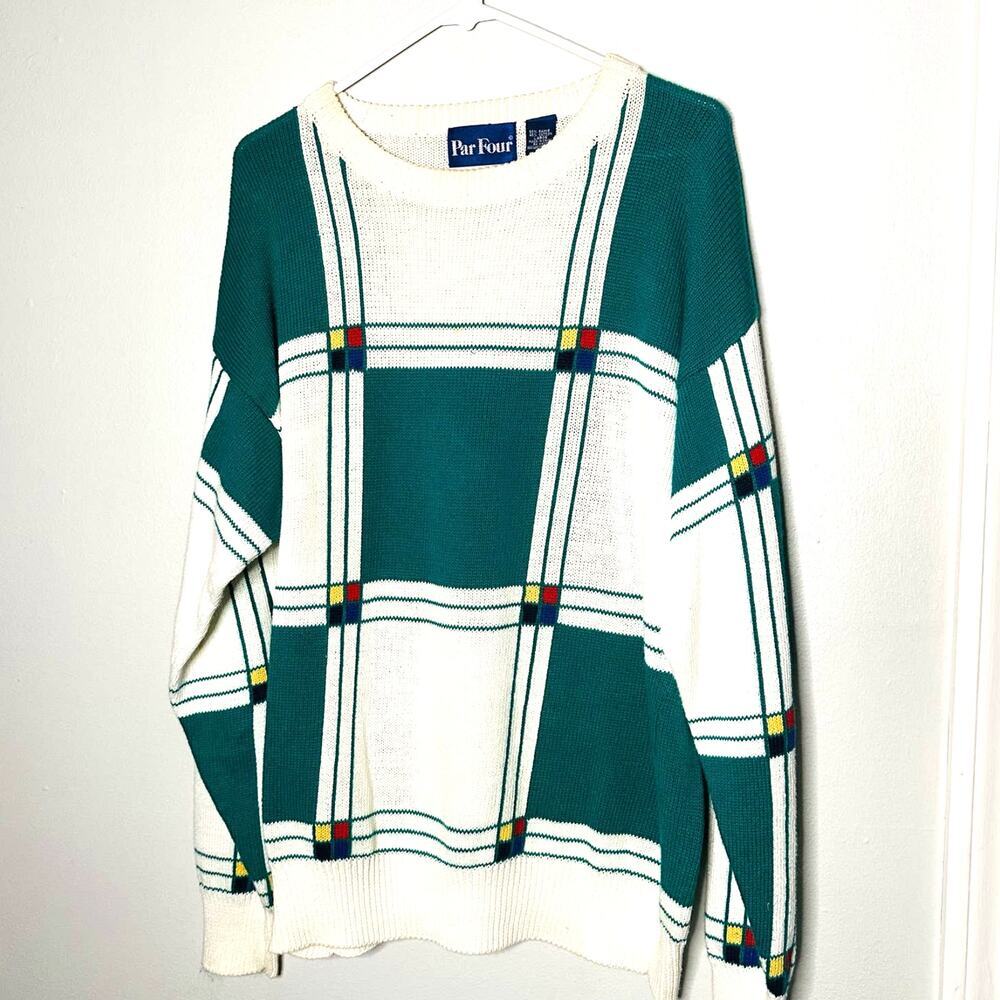 Vintage Par Four Green White Crewneck Oversized Sweater Golf Themed Size L